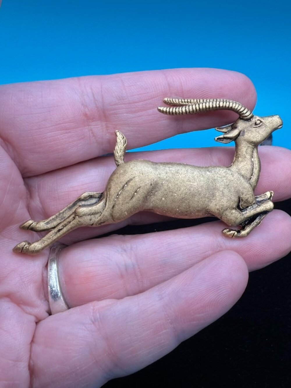 Vintage Bronze Tone Leaping Ibex Brooch Pin 3"